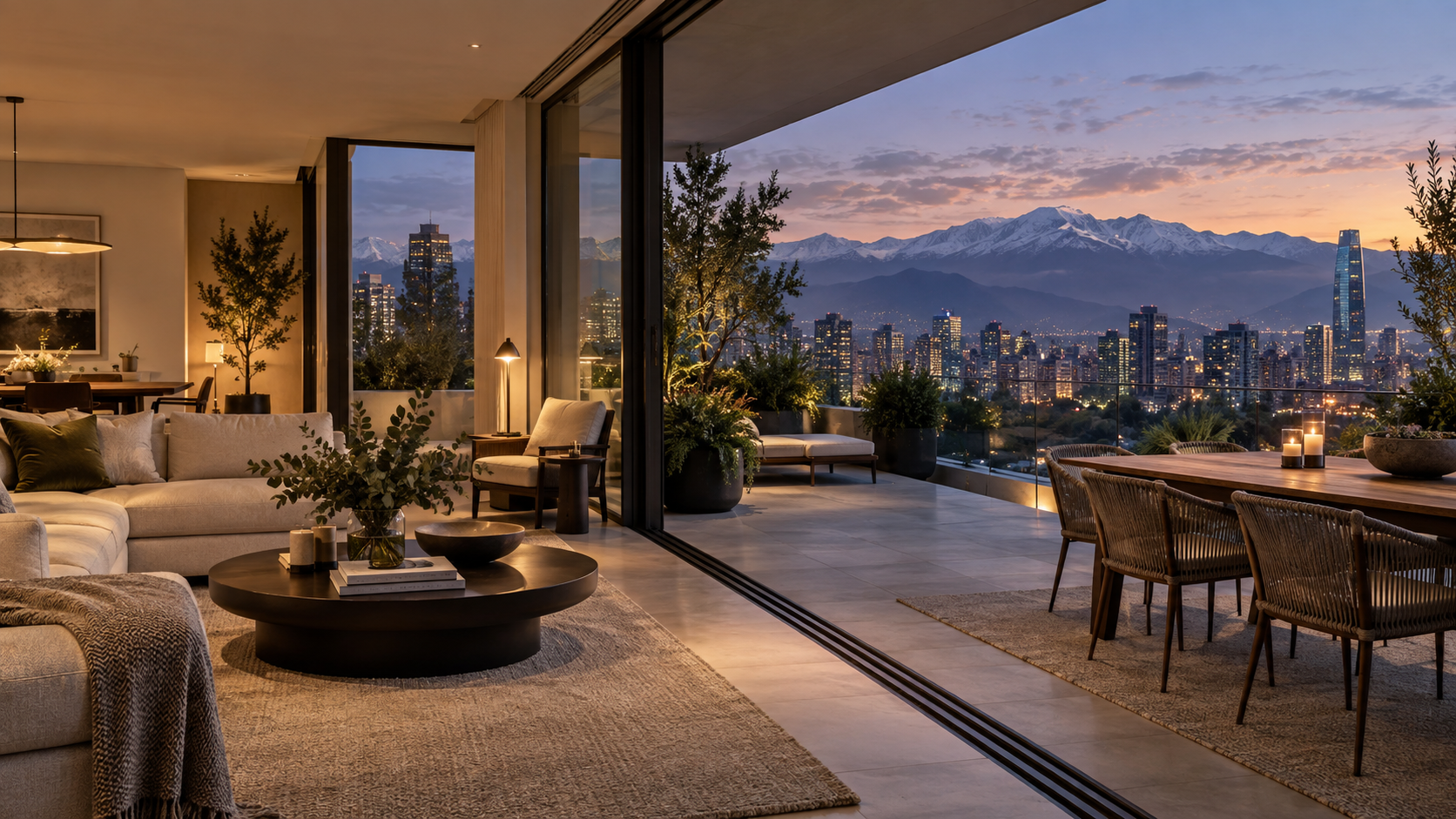 Imagen ilustrativa de un departamento contemporáneo con terraza y vista a Santiago.
